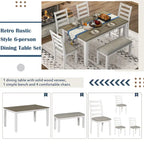 Set da tavolo da pranzo in legno 6 pezzi marrone+bianco con tavolo rettangolare, 4 sedie e panca