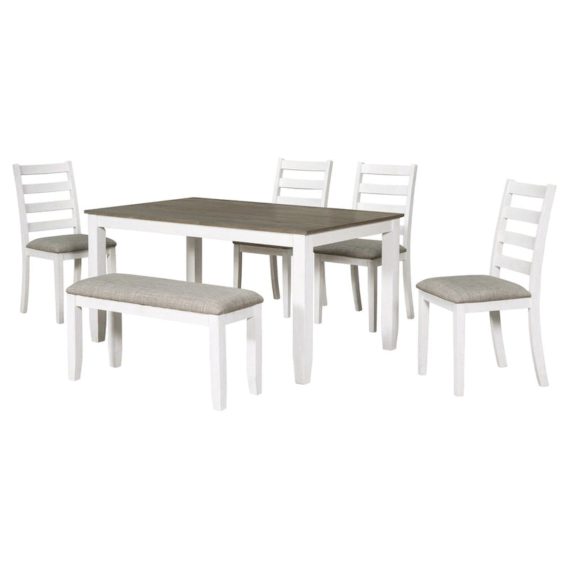 Set da tavolo da pranzo in legno 6 pezzi marrone+bianco con tavolo rettangolare, 4 sedie e panca