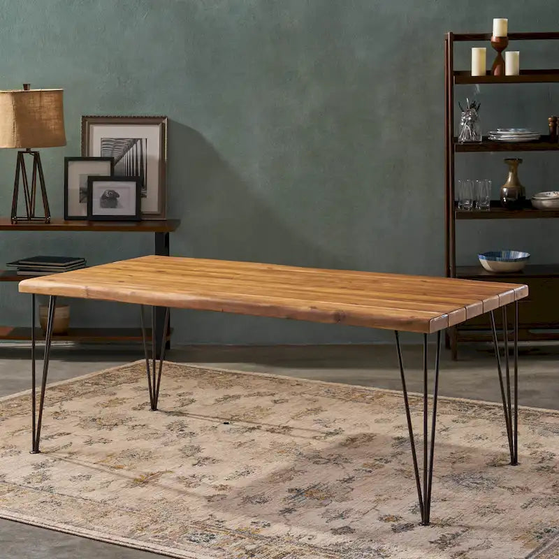 Tavolo da pranzo in legno di acacia da 72" con finitura in teak e gambe rustiche in metallo, 6 posti a sedere