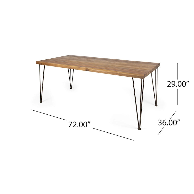 Tavolo da pranzo in legno di acacia da 72" con finitura in teak e gambe rustiche in metallo, 6 posti a sedere