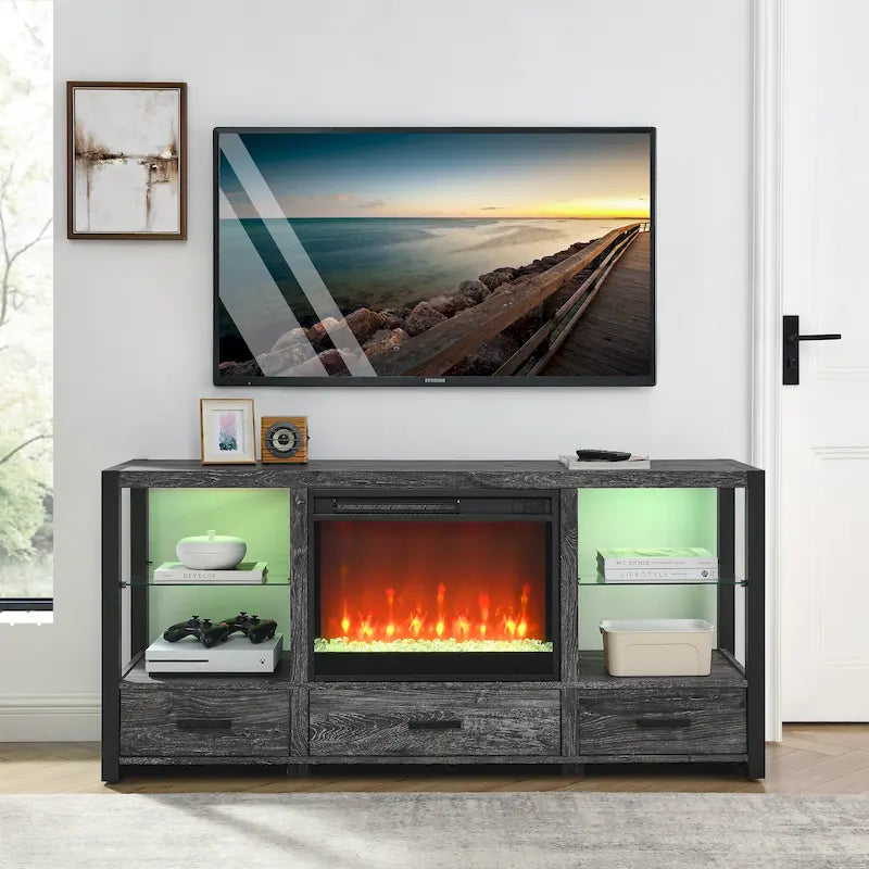 Mobile TV Con Caminetto Elettrico da 60 Pollici Con Luci LED Colorate Sincronizzate - Colore Rovere Rustico Scuro