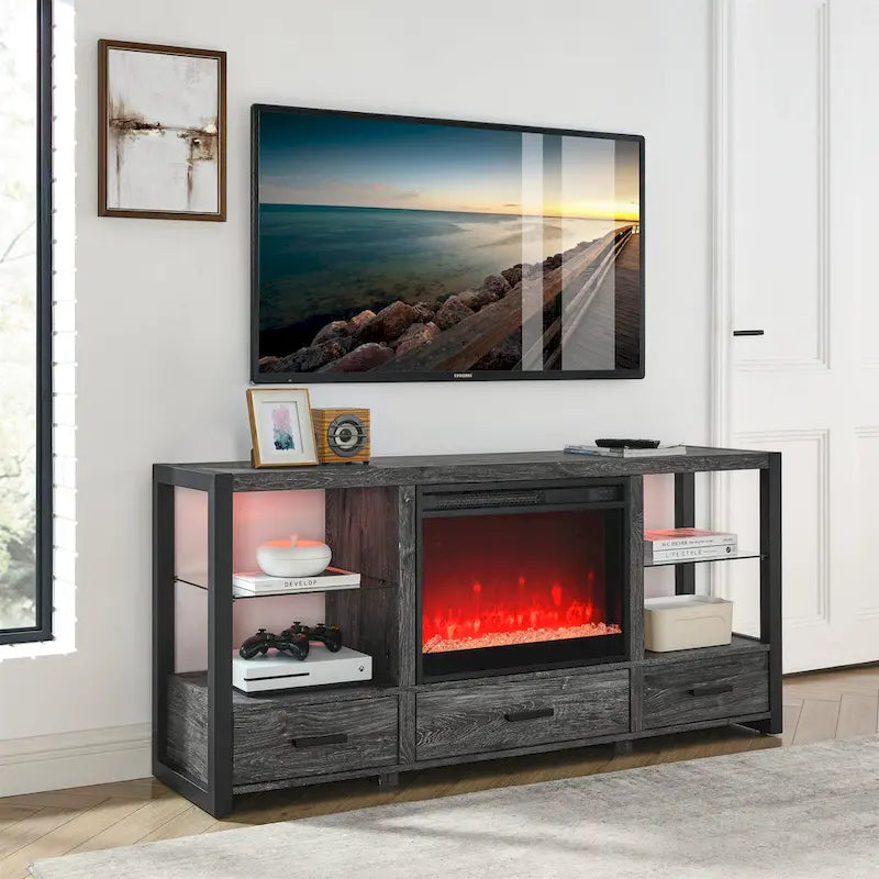 Mobile TV Con Caminetto Elettrico da 60 Pollici Con Luci LED Colorate Sincronizzate - Colore Rovere Rustico Scuro