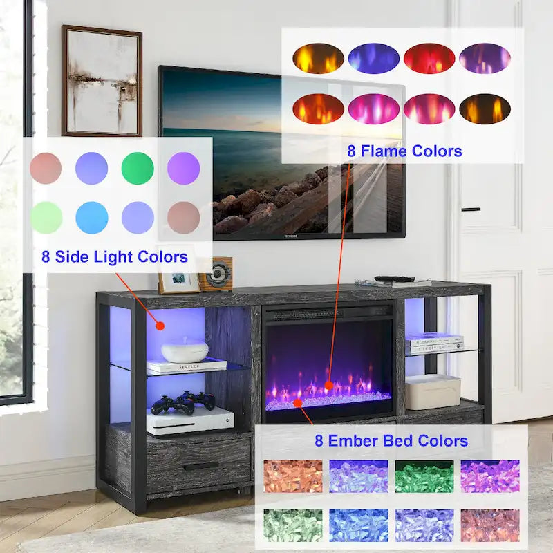 Mobile TV Con Caminetto Elettrico da 60 Pollici Con Luci LED Colorate Sincronizzate - Colore Rovere Rustico Scuro