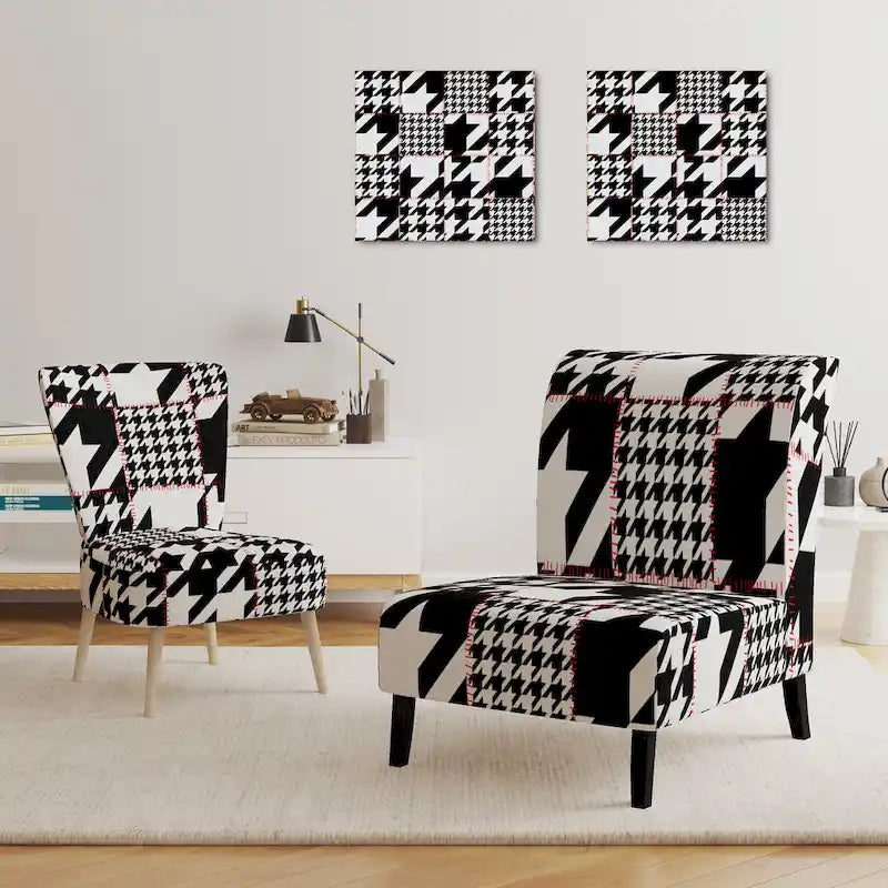 Poltrona di design Mid-Century con fantasia pied de poule per salotto