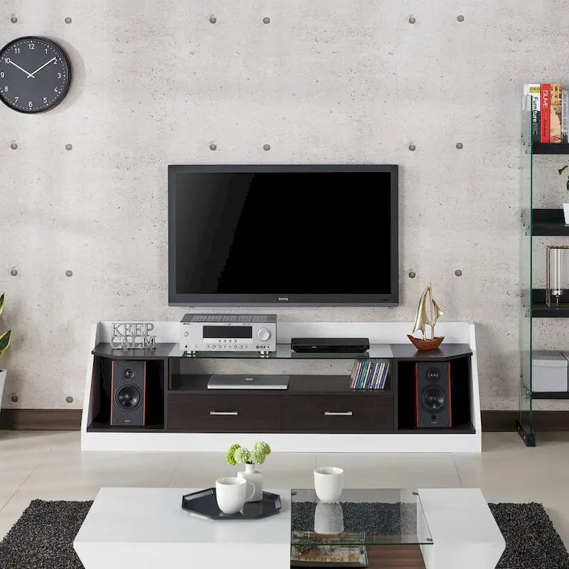 Mobile porta TV multifunzionale da 70" in vetro bianco con contenitore per soggiorno