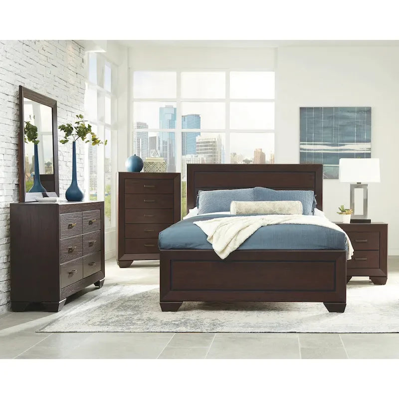 Set da camera da letto a 2 pezzi con comò, pannellato, in legno finitura cacao scuro