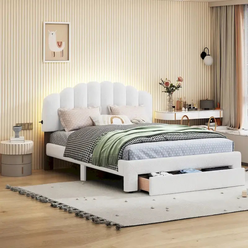 Letto a piattaforma imbottito queen-size con cassetto