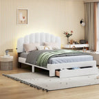 Letto a piattaforma imbottito queen-size con cassetto