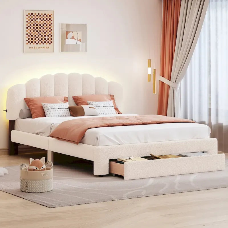 Letto a piattaforma imbottito queen-size con cassetto