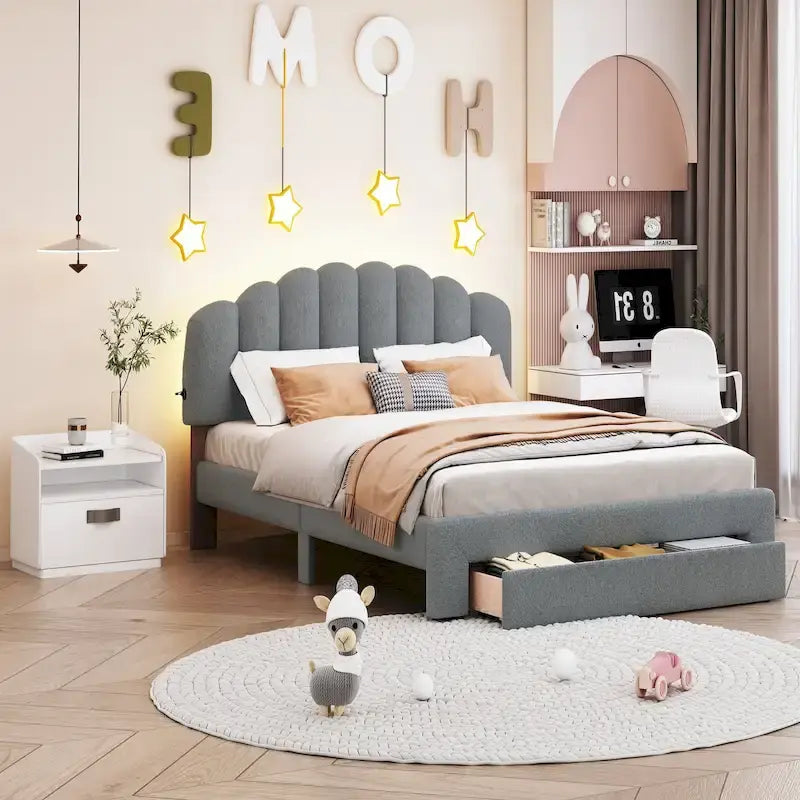 Letto a piattaforma imbottito queen-size con cassetto