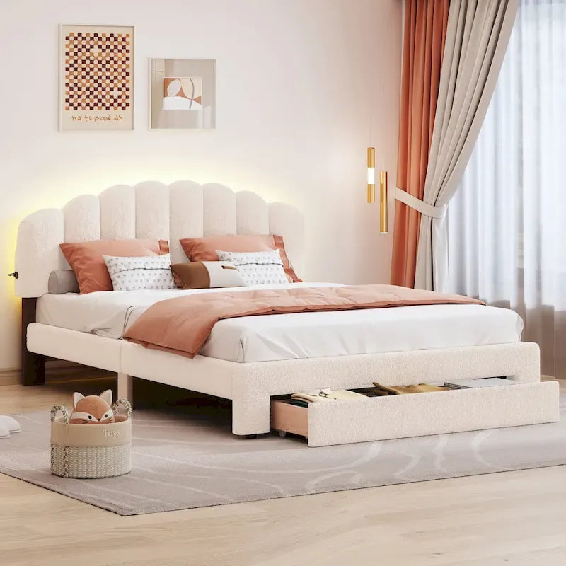 Letto a piattaforma imbottito queen-size con cassetto