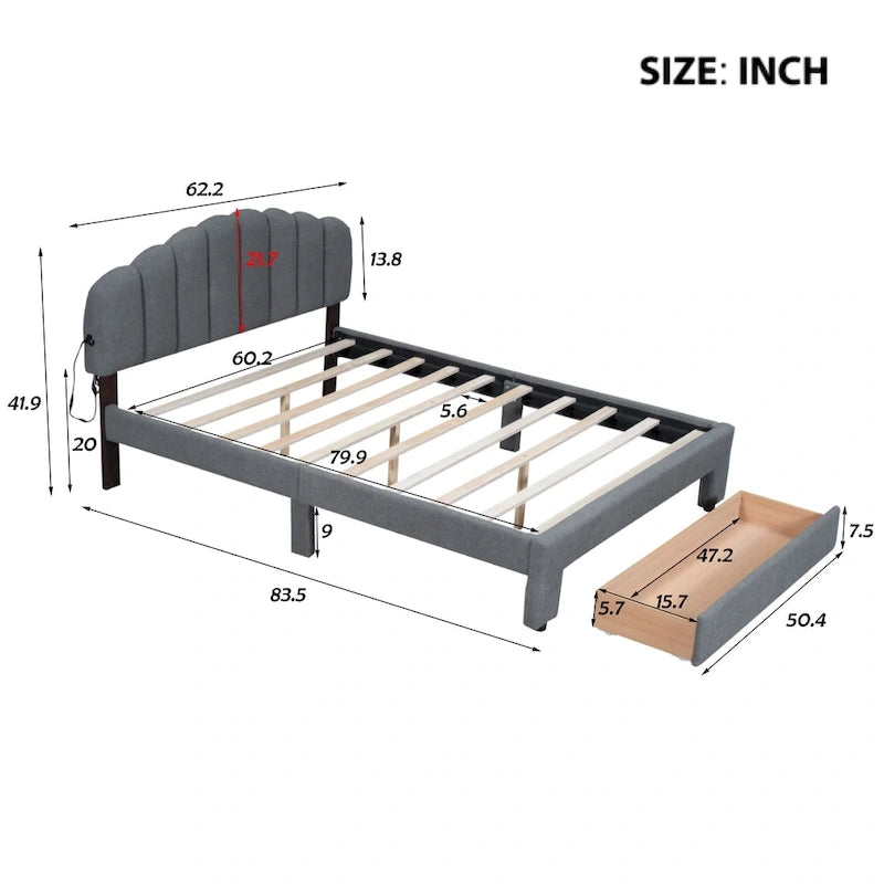Letto a piattaforma imbottito queen-size con cassetto