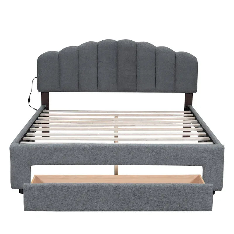 Letto a piattaforma imbottito queen-size con cassetto