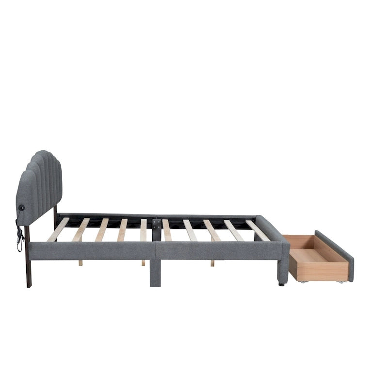Letto a piattaforma imbottito queen-size con cassetto