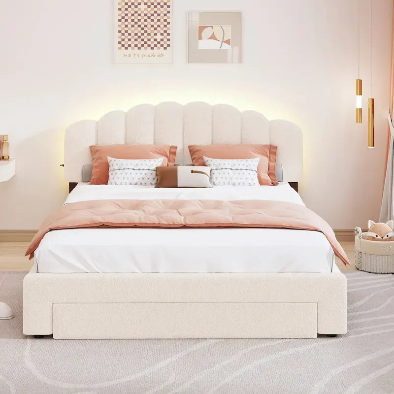 Letto a piattaforma imbottito queen-size con cassetto