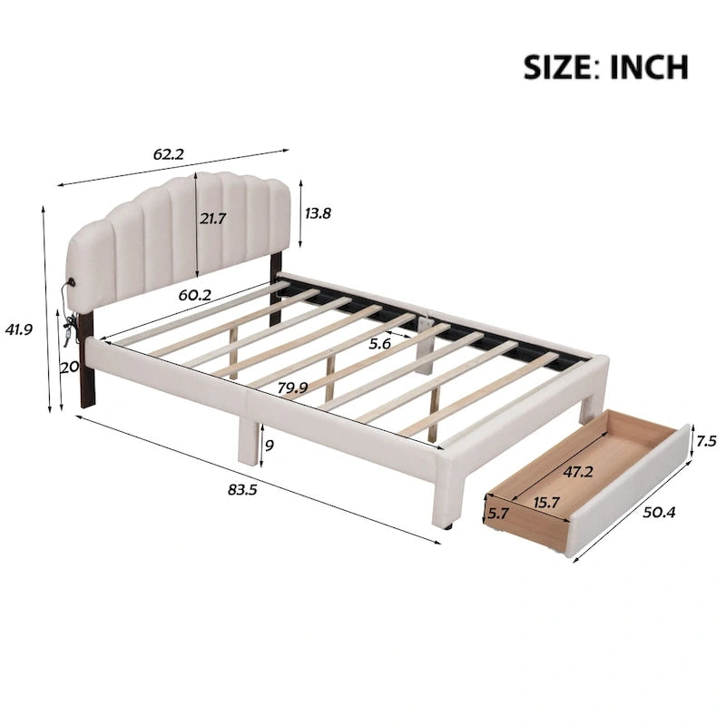 Letto a piattaforma imbottito queen-size con cassetto
