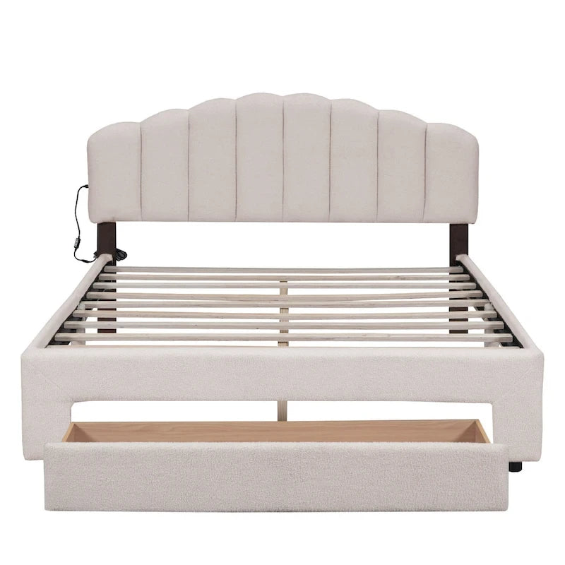 Letto a piattaforma imbottito queen-size con cassetto