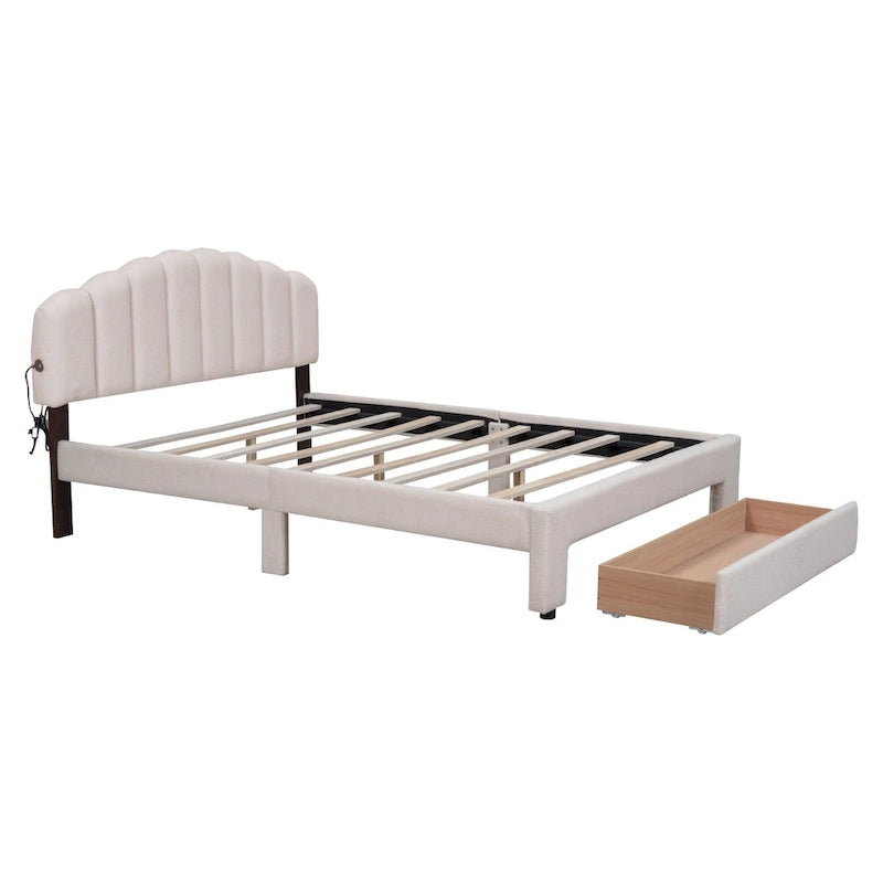 Letto a piattaforma imbottito queen-size con cassetto