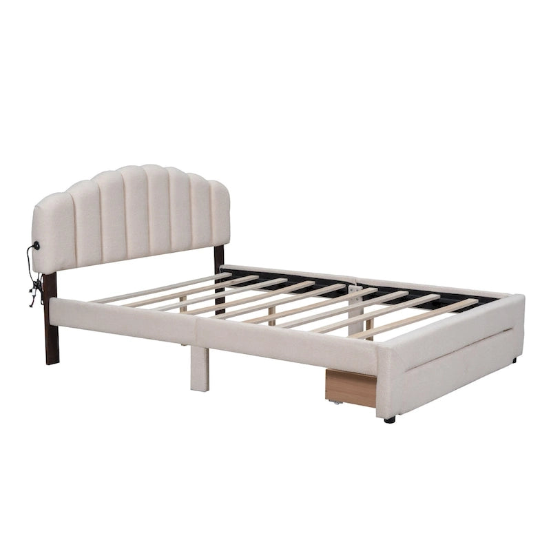 Letto a piattaforma imbottito queen-size con cassetto