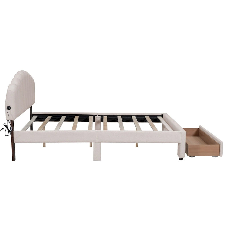 Letto a piattaforma imbottito queen-size con cassetto