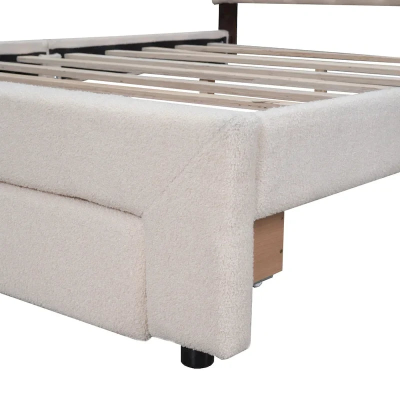 Letto a piattaforma imbottito queen-size con cassetto