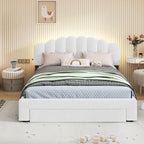 Letto a piattaforma imbottito queen-size con cassetto