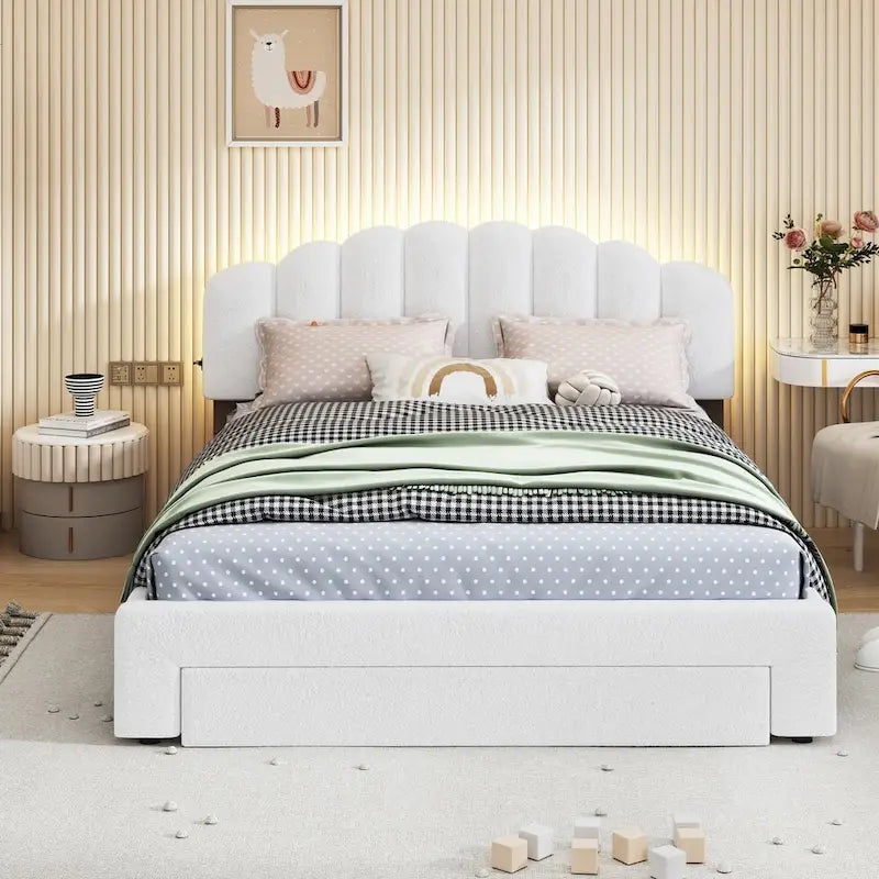 Letto a piattaforma imbottito queen-size con cassetto