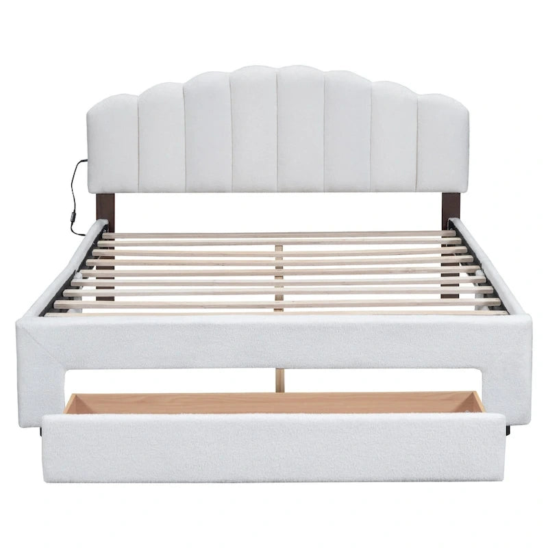 Letto a piattaforma imbottito queen-size con cassetto