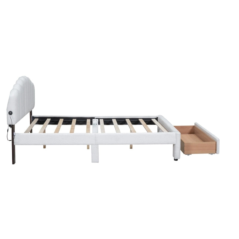 Letto a piattaforma imbottito queen-size con cassetto