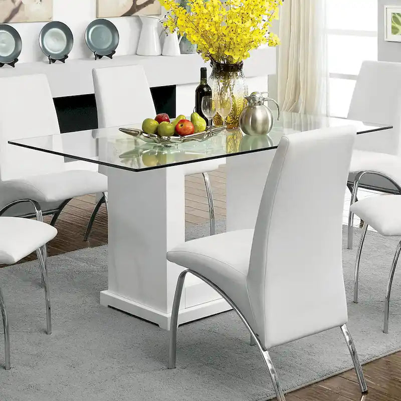 Set da pranzo di 7 pezzi con tavolo in vetro bianco contemporaneo per 6 persone
