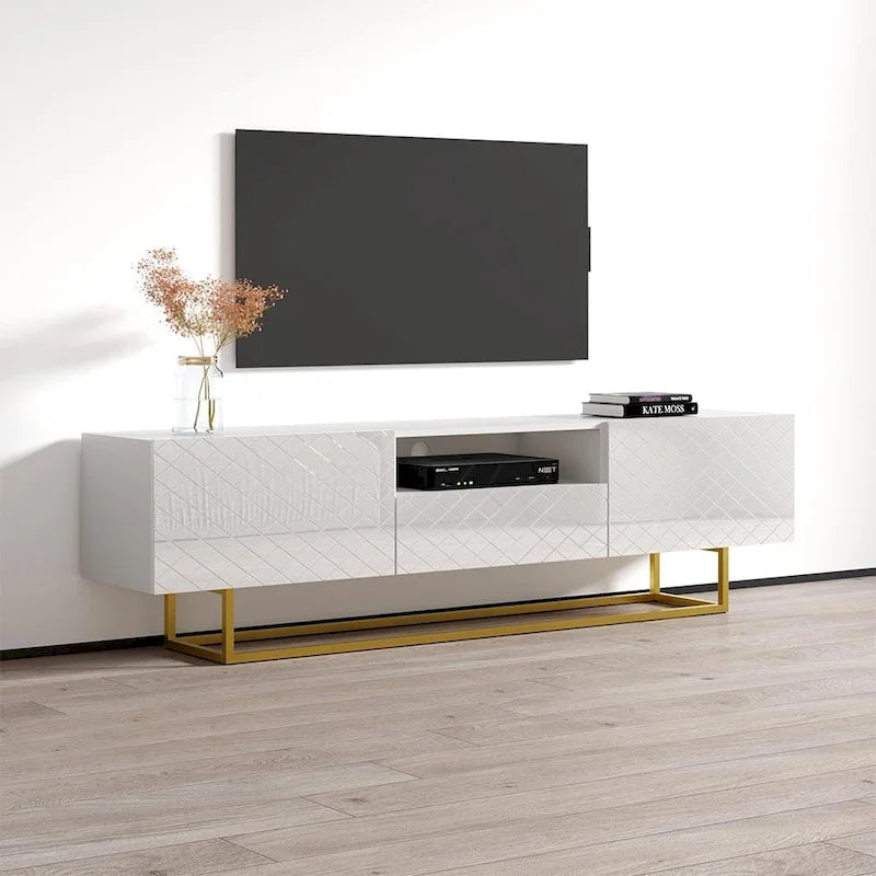 Mobile TV da 75" con ripiani a traliccio aperti, Consolle media moderna per soggiorno