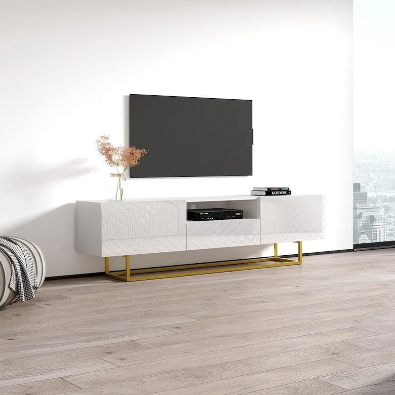 Mobile TV da 75" con ripiani a traliccio aperti, Consolle media moderna per soggiorno