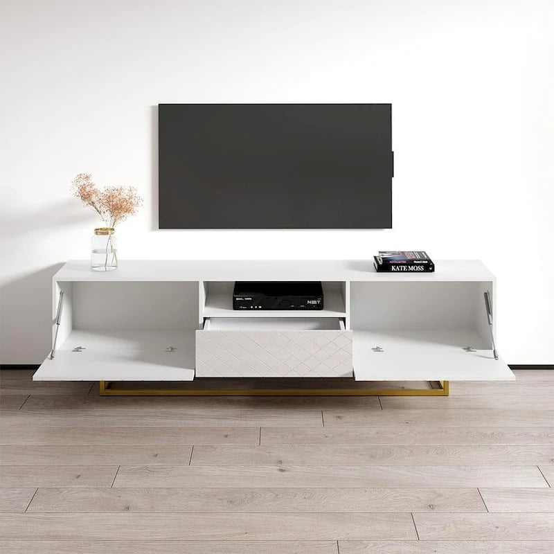 Mobile TV da 75" con ripiani a traliccio aperti, Consolle media moderna per soggiorno