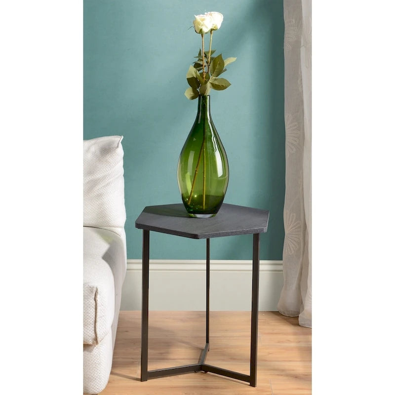 Tavolino Esagonale con Piano Finitura Legno Scuro e Base in Metallo
