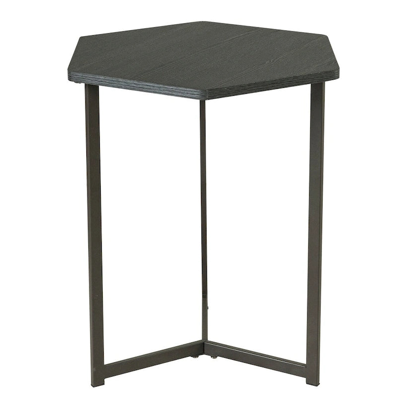 Tavolino Esagonale con Piano Finitura Legno Scuro e Base in Metallo