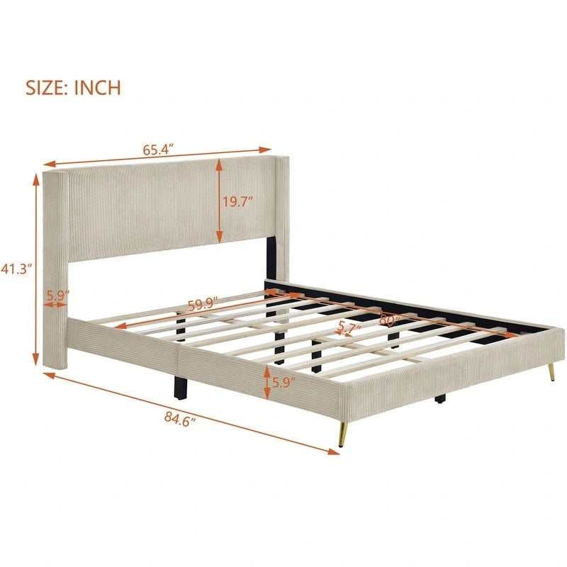 Elegante letto a piattaforma in legno imbottito con testiera imbottita
