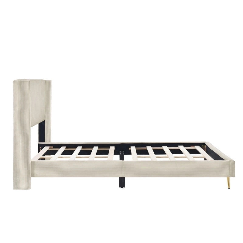 Elegante letto a piattaforma in legno imbottito con testiera imbottita
