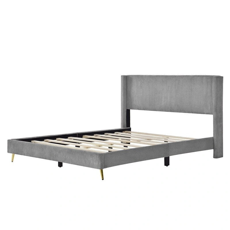 Elegante letto a piattaforma in legno imbottito con testiera imbottita
