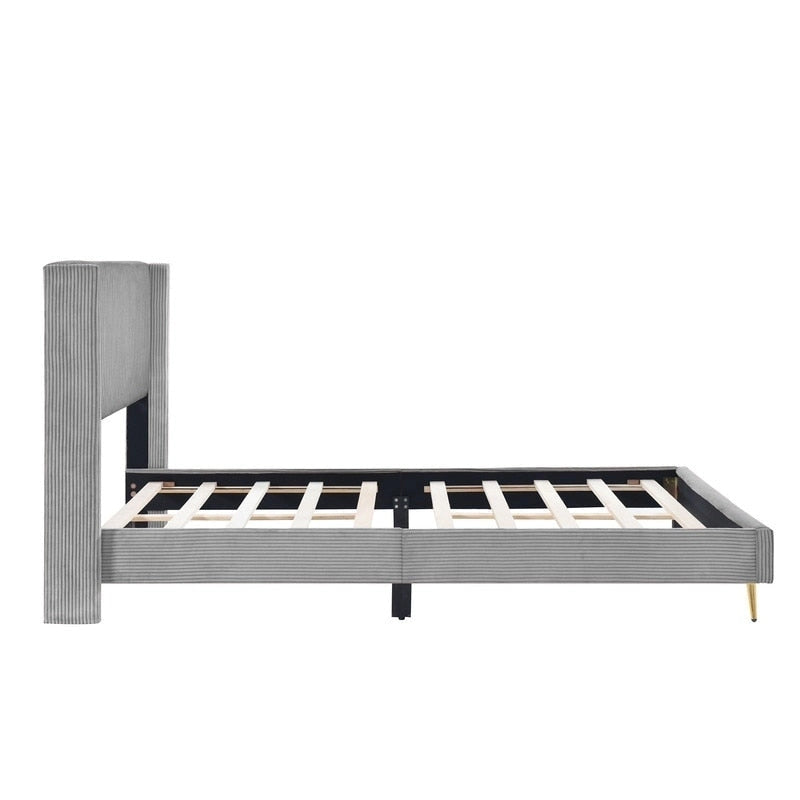 Elegante letto a piattaforma in legno imbottito con testiera imbottita
