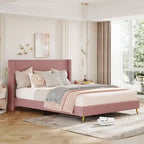 Elegante letto a piattaforma in legno imbottito con testiera imbottita