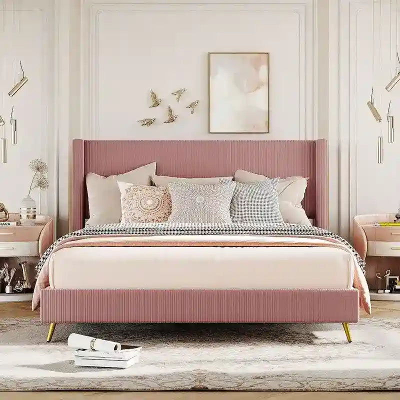 Elegante letto a piattaforma in legno imbottito con testiera imbottita