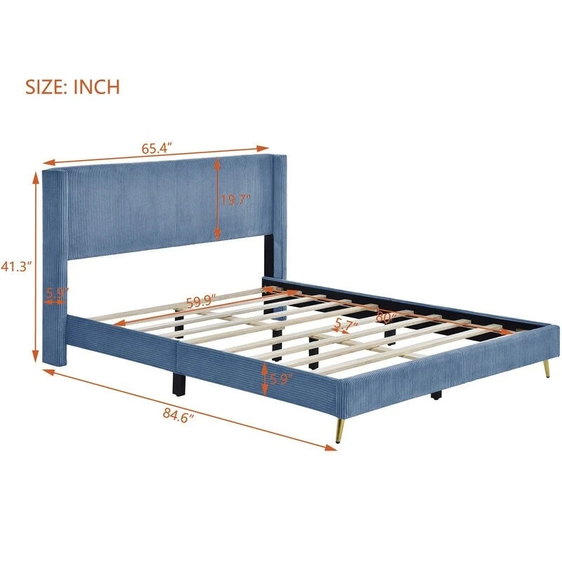 Elegante letto a piattaforma in legno imbottito con testiera imbottita