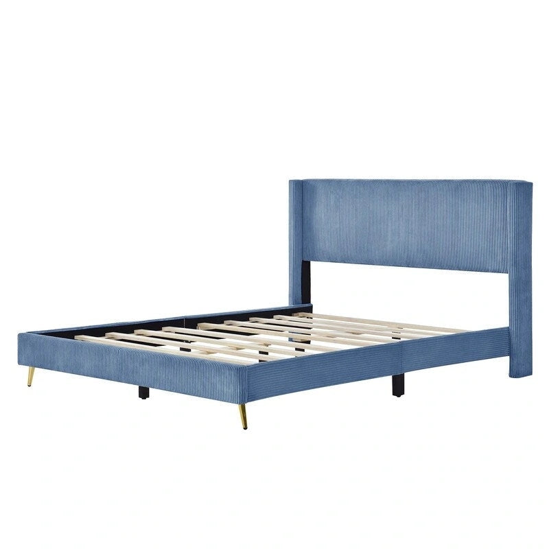 Elegante letto a piattaforma in legno imbottito con testiera imbottita