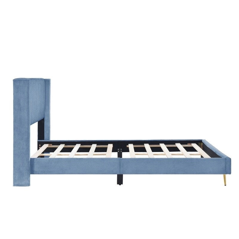 Elegante letto a piattaforma in legno imbottito con testiera imbottita