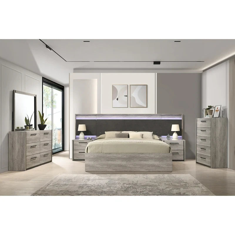 Letto a muro a LED con comodini, comò, specchio e cassettiera grigio stagionato