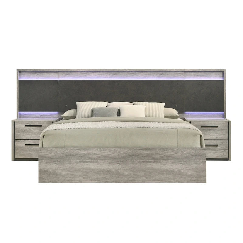 Letto a muro a LED con comodini, comò, specchio e cassettiera grigio stagionato
