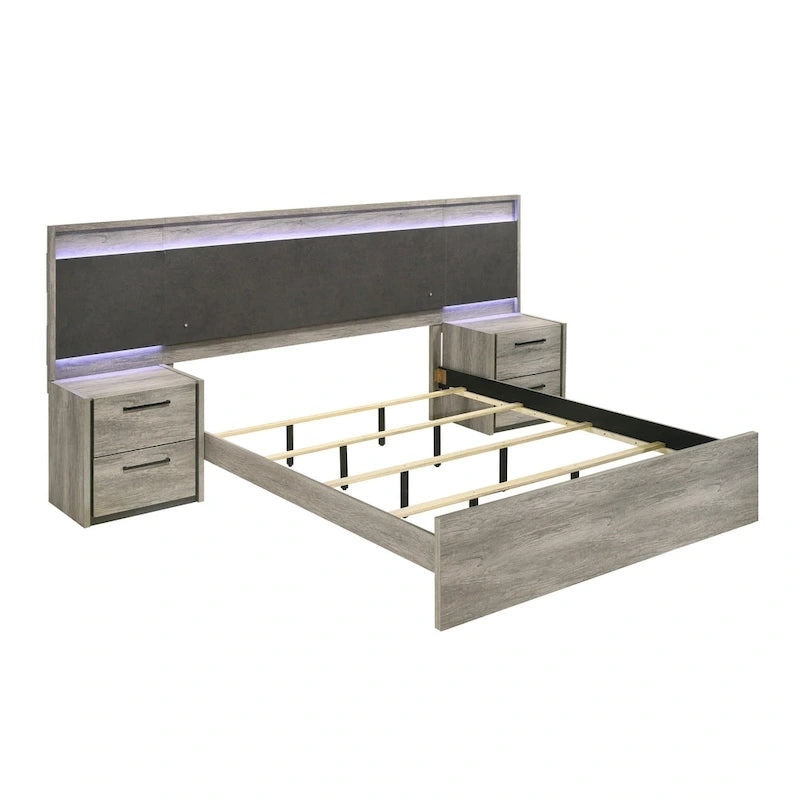 Letto a muro a LED con comodini, comò, specchio e cassettiera grigio stagionato