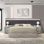 Letto a muro a LED con comodini, comò, specchio e cassettiera grigio stagionato