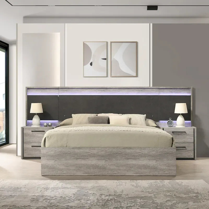 Letto a muro a LED con comodini, comò, specchio e cassettiera grigio stagionato