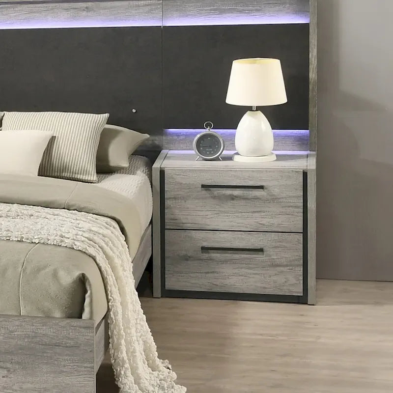 Letto a muro a LED con comodini, comò, specchio e cassettiera grigio stagionato